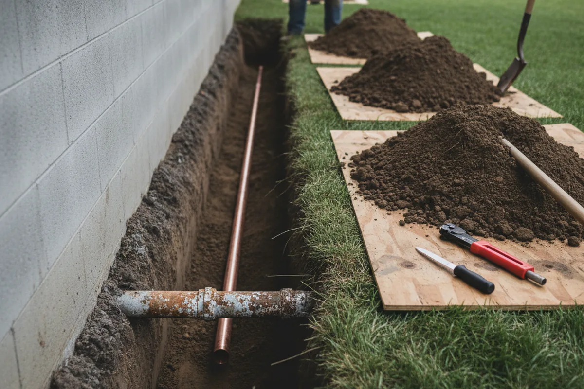 Excavated water line trench during Sewer Line Repair in Poulsbo